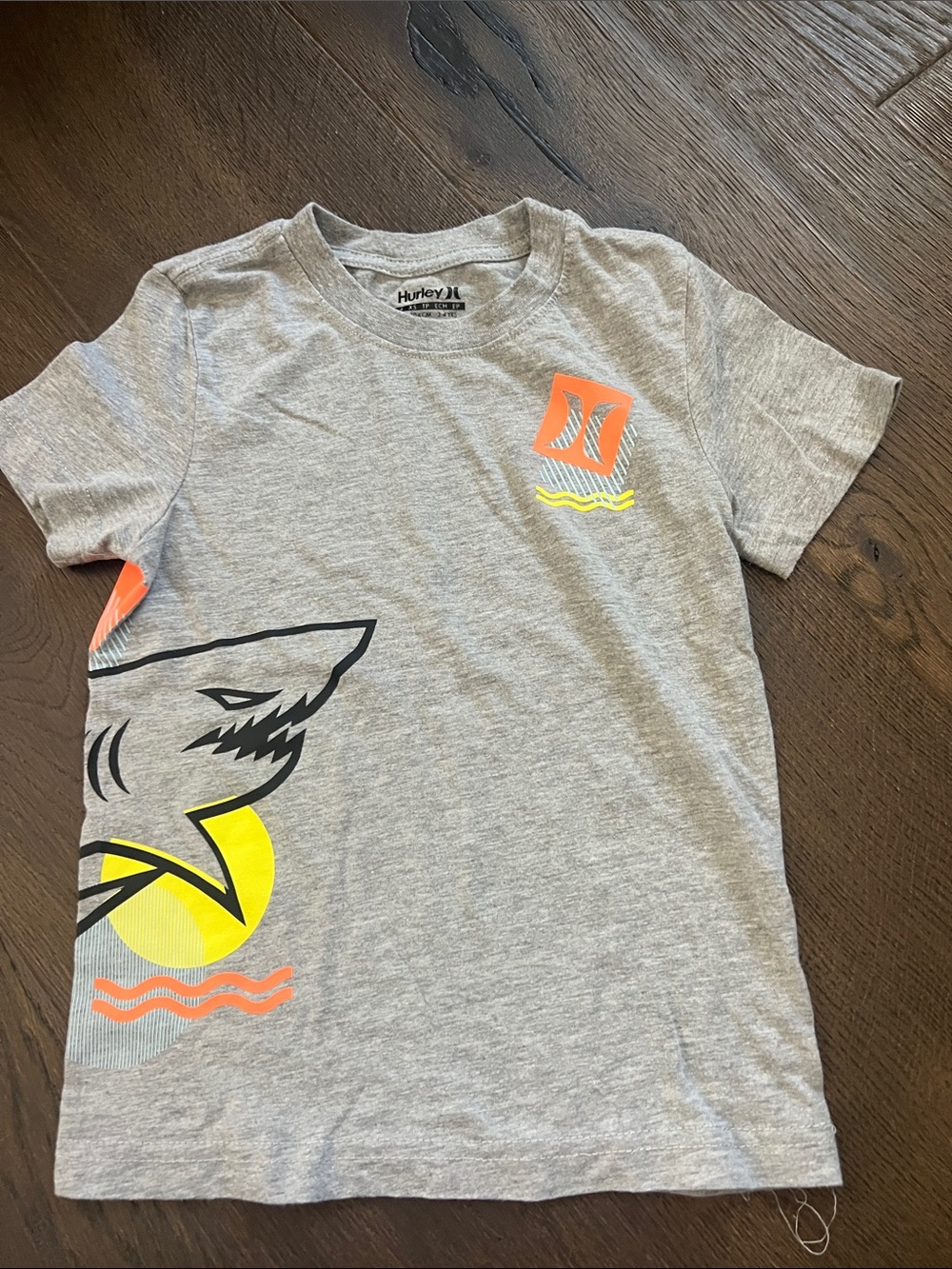 Hurley Gray Tee with Neon Orange & Yellow Shark Graphic